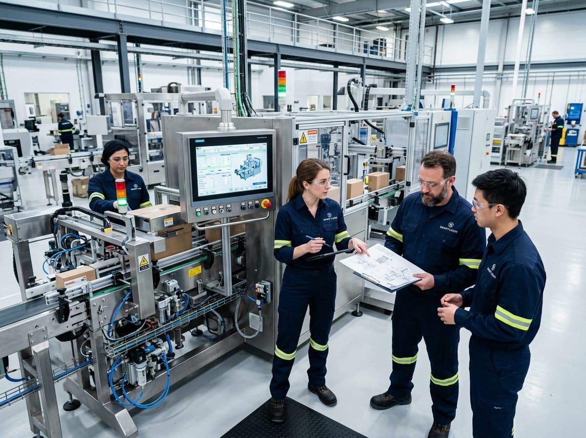 AXION PackTech engineers and technicians collaborating in modern assembly facility